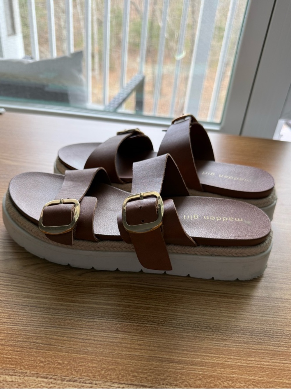 Madden Girl Camel Double Strap Platform Sandals with Gold Buckles, 9M